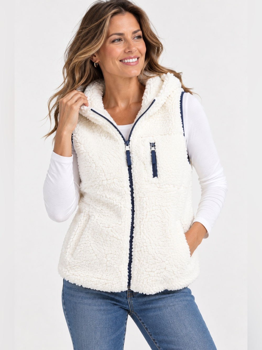 Weatherproof Teddy Sherpa Vest Sleeveless Faux Fur White Jacket Full Zip NEW